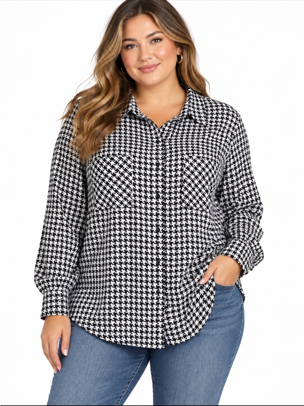 Torrid Madison Georgette Houndstooth Button Up Blouse Woman 3X Lightweight 2023